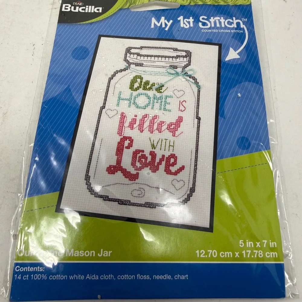 Bucilla My 1st Stitch Our Home Mason Jar Counted Cross Stitch Kit 46438E 5x7